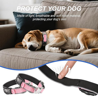 Waterproof Airtag Dog Collar - Nylon Collar with Durable Airtag Holder, Reflective&amp;Anti-Lost with Safety Metal Buckle, Soft Padded Adjustable for Small Medium Large Dogs Pink S