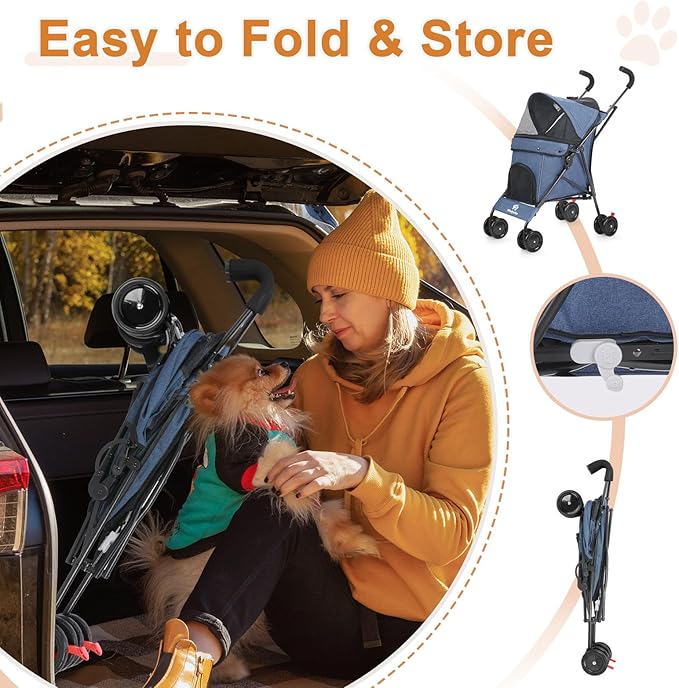 Wedyvko Travel Portable Dog Stroller, Pet Stroller for Small Puppy Dogs &amp; Cats, Up to 33 lbs, Navy Blue