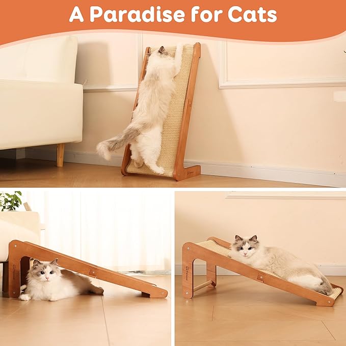 L-Shaped Cat Scratching Post - Beechwood Base, 28.5" Natural Sisal Woven Cat Scratch Pad, Durable Cat Scratcher, Furniture Protector for Cats&