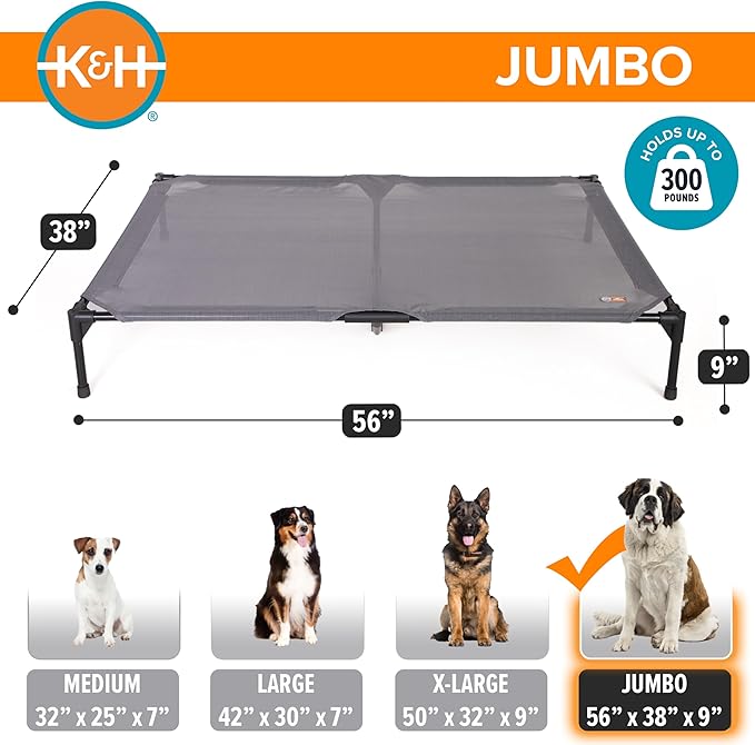 K&amp;H Pet Products Elevated Outdoor Dog Cot Bed, Raised Cooling Bed with Washable Breathable Mesh for Large Dogs, Portable Raised Platform Pet Bed, Heavy Duty Metal Frame Hammock Bed, Jumbo, Gray