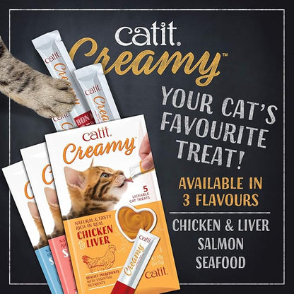 Catit Creamy Lickable Cat Treat, Healthy Cat Treat, Chicken &amp; Liver, 5 Count (Pack of 30)