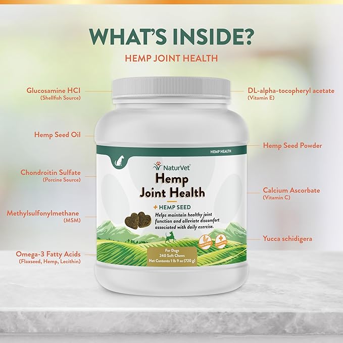 NaturVet Hemp Joint Health Hip &amp; Joint Support Dog Supplement – Soft Chew Supplements for Dogs with Glucosamine, MSM, Chondroitin, Omega 3, Vitamins, Antioxidants – 240 Ct.