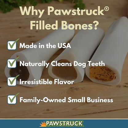 Pawstruck Small 3” Filled Dog Bones Variety Pack - Peanut Butter, Cheese &amp; Bacon, Beef Flavors - Made in USA Long Lasting Stuffed Femur Treat for Aggressive Chewers - Pack of 3 - Packaging May Vary
