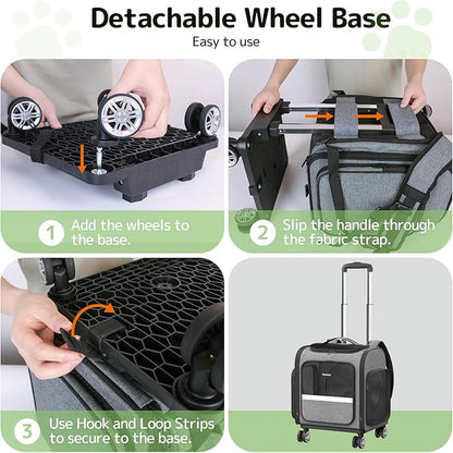 Rolling Cat Carrier with Wheels: Dog Carrier for Small Dogs &amp; Large Cats, Expandable Pet Carrier on Wheels with Cat Play Tunnel, Large Capacity, Breathable Mesh, Side Pocket, Grey