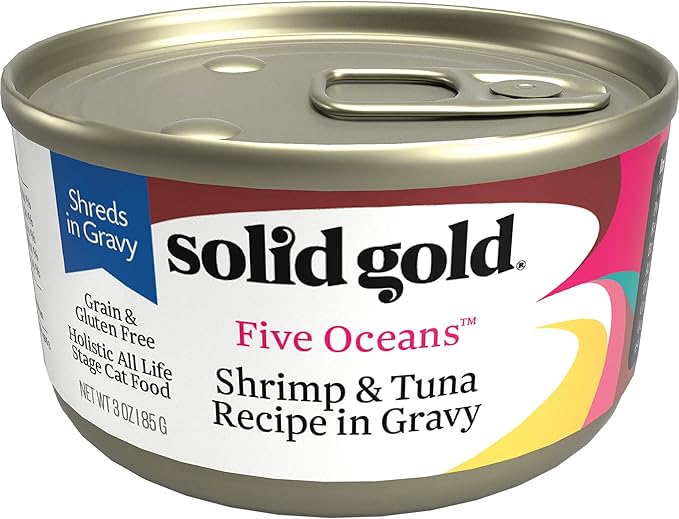 Solid Gold Wet Cat Food Shreds in Gravy - Healthy Canned Cat Food Made w/Real Tuna, Shrimp, Vitamins, Minerals &amp; Taurine - Grain Free &amp; Gluten Free Canned Meals for Cats &amp; Kittens - 24ct/3oz Can