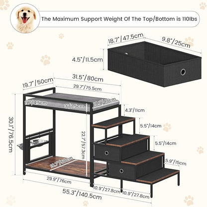 Dog Window Perch with 360° &amp; Adjustable Raised Feeder, Pet Bunk Bed with Removable Stair and 2 Drawers, Elevated Platform Bed, Pet Elevated Seat with Cushion, Paw-Friendly Ladder