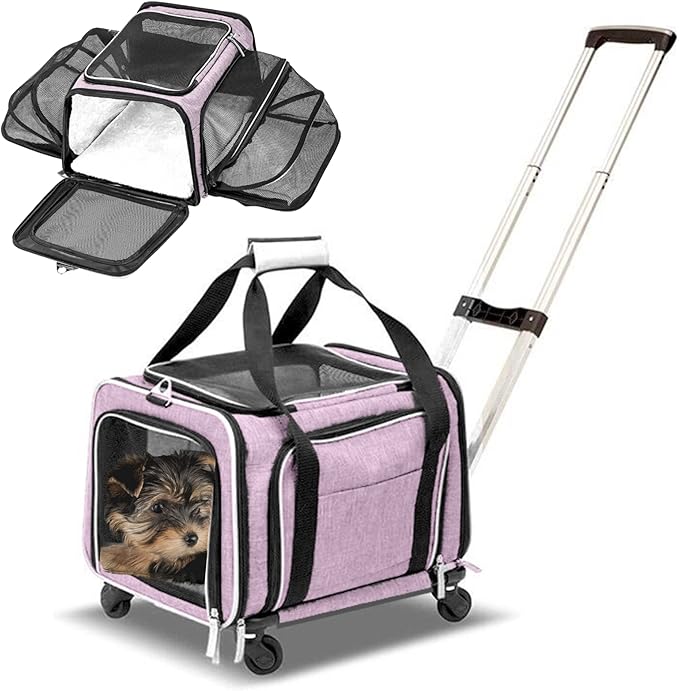 Airline Approved Expandable Premium Pet Carrier on Wheels- Two Sided Rolling Carrier- Designed for Dogs &amp; Cats- Extra Spacious Soft Lined Carrier! - Pink (RL-PET-CARRIER-WHEELS)