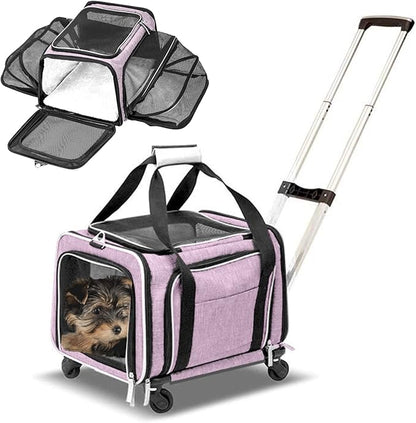 Airline Approved Expandable Premium Pet Carrier on Wheels- Two Sided Rolling Carrier- Designed for Dogs &amp; Cats- Extra Spacious Soft Lined Carrier! - Pink (RL-PET-CARRIER-WHEELS)