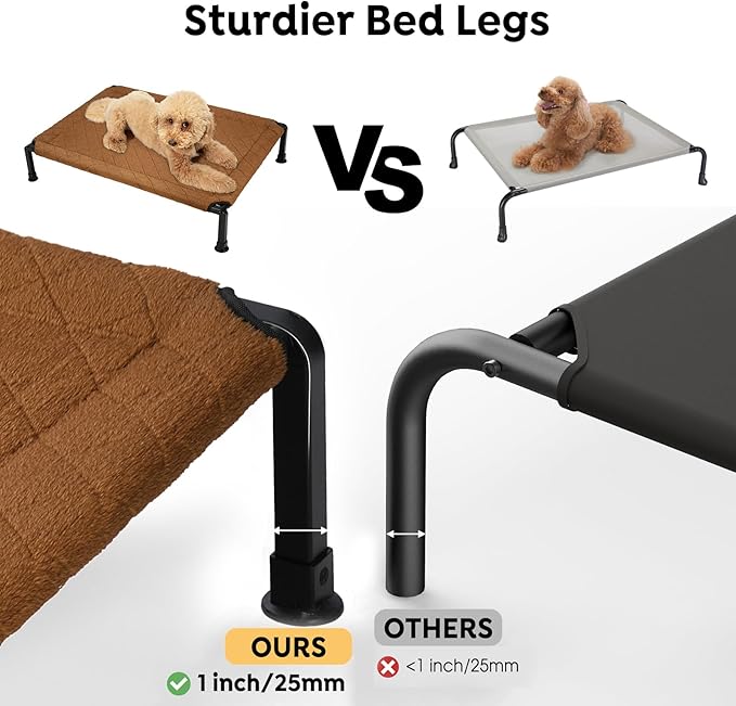 Veehoo Soft Plush Elevated Dog Bed, Raised Dog Beds with Heavy Duty Frame, Non-Slip Silicon Feet, Washable &amp; Breathable Pet Cot for Indoor or Outdoor Use, 47" x 29", Brown, CWC2432A