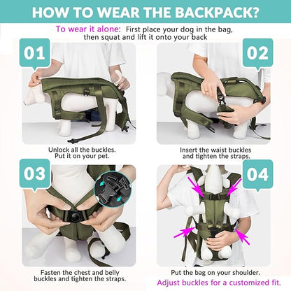 Lukovee Dog Backpack Carrier, Legs Out Easy-fit Dog Front Carrier for Small Medium Dogs, Adjustable Hands Free Dog Chest Carrier for Hiking Cycling (Green-4,Large)