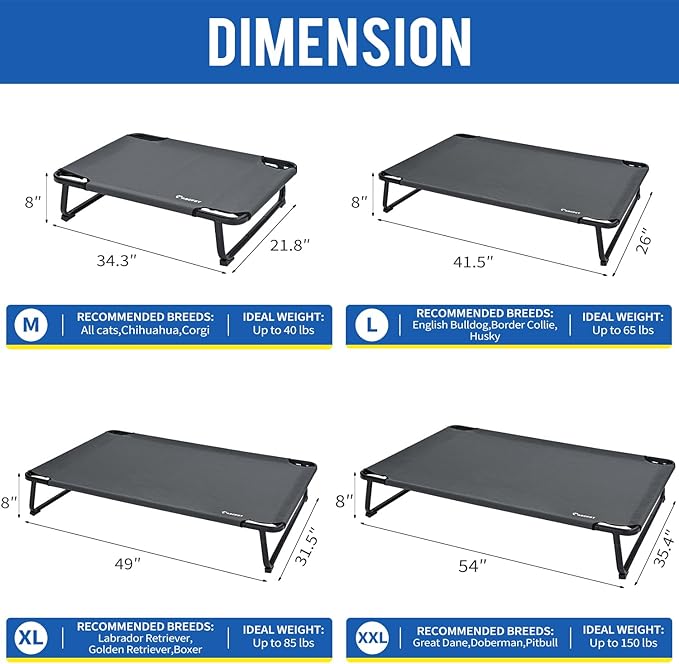 Elevated Dog Beds Extra Large Raised Dog Cots Outdoor Dog Bed Waterproof Pet Cots Stable and Easy Assembly, Teslin Fabric with 1.2mm Thick Iron Frame, Breathable, Ultra-Sturdy，Grey, 54*37*8.7