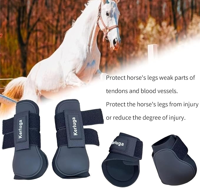 Horse Boots Set of 4 Open Front &amp; Fetlock Tendon Boot for Horses Professional Sport Protection Impact-Absorbing Equine Leg Support Wraps for Jumping, Riding, Training (Black, Full)