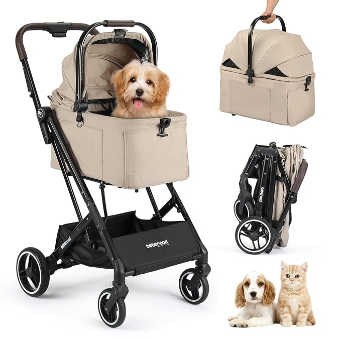 X2 Pet Stroller, Dog Cat Stroller for Small Pets Under 44lbs, Equipped with Detachable &amp; Foldable Carrier, Waterproof Pad &amp; Sunshade Canopy,Camel (Camel)