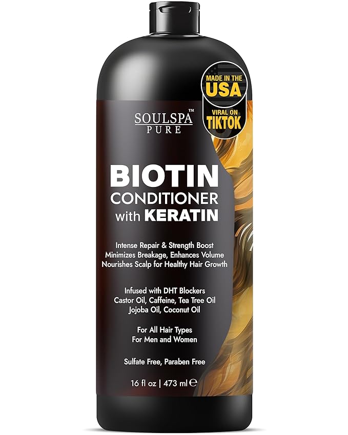 Biotin Conditioner with Keratin - Intense Repair &amp; Strength Boost Formula - Nourishes Scalp for Healthy Hair Growth, with Tea Tree Oil &amp; DHT Blockers, for Men &amp; Women, 16 fl oz - SOULSPA PURE