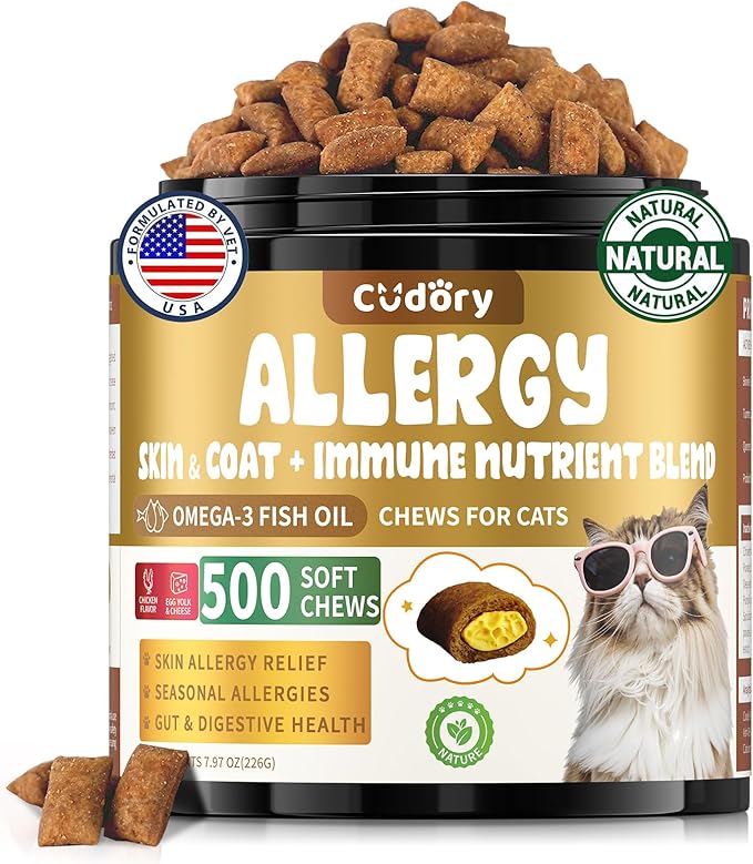 Cat Allergy Relief for Cats, Crunchy &amp; Creamy Chews for Immune &amp; Skin Coat Support – Seasonal Allergies, Itching Relief, Omega 3 &amp; Probiotic Natural Supplement for Cats, Chicken Flavor – 500 Chews