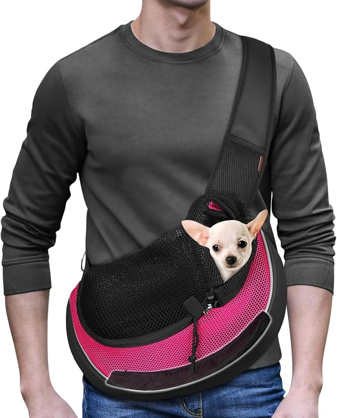 YUDODO Pet Sling Carrier for Small Dogs &amp; Cats – Hands-Free Puppy Carrier with Safety Hook, Large Zipper Pocket, Soft Breathable Mesh, Adjustable Strap &amp; Reflective Strip (Pink 3.0 M)