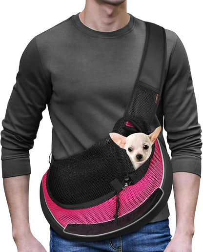 YUDODO Pet Sling Carrier for Small Dogs &amp; Cats – Hands-Free Puppy Carrier with Safety Hook, Large Zipper Pocket, Soft Breathable Mesh, Adjustable Strap &amp; Reflective Strip (Pink 3.0 M)
