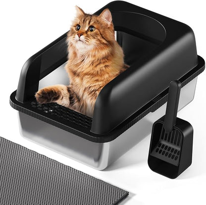 Stainless Steel Cat Litter Box with Lid, 24" L x 16" W x 11.8" H, Large Cat Litter Box for Multiple Cats with High Sided, No-Leak &amp; Stick, Easy to Clean, Includes Litter Mat &amp; Multi Functional Scoop