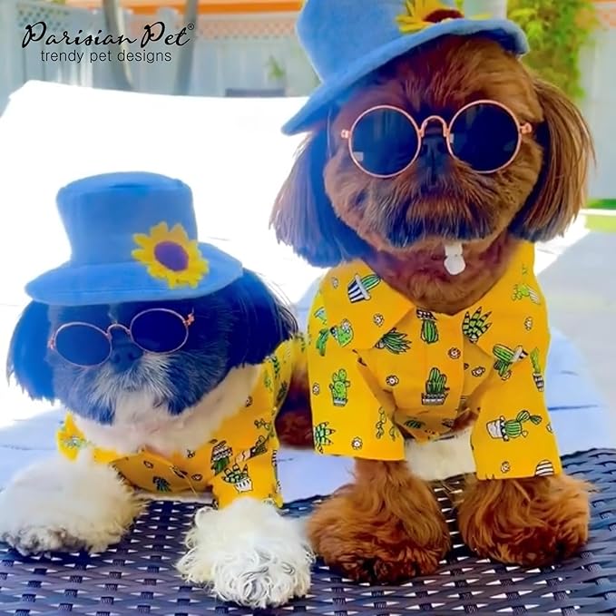 Parisian Pet Cactus Cap Beach Outfit - 100% Cotton Summer Clothes - Stylish Dog Costume - Breathable &amp; Cool - Machine Washable - Medium Dog Shirts