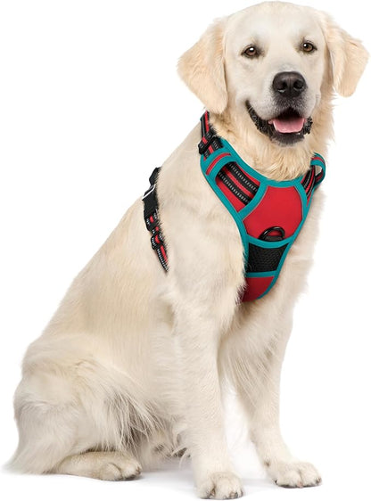 rabbitgoo Dog Harness No Pull with 2 Leash Clips, Adjustable Soft Padded, Reflective Oxford No Choke Pet Vest with Easy Control Handle for Large Dogs, Red &amp; Teal, XL