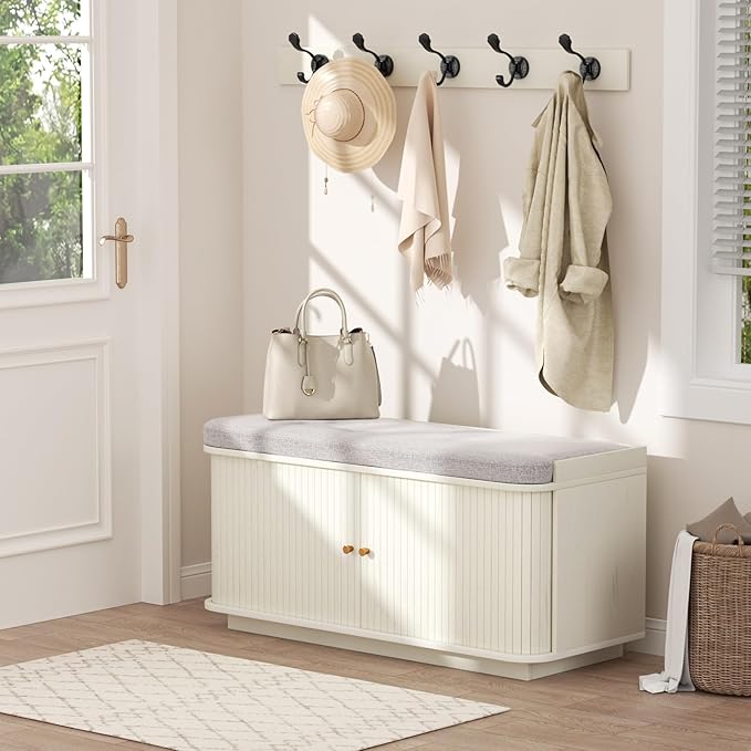Cream White 39.4" W 2-Tier Shoe Bench with Storage | Entryway Bench with Padded Cushion, Sliding Doors &amp; 5 Hooks