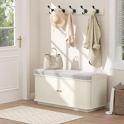 Cream White 39.4" W 2-Tier Shoe Bench with Storage | Entryway Bench with Padded Cushion, Sliding Doors &amp; 5 Hooks
