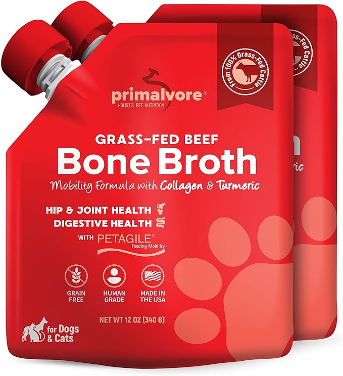 Primalvore Grass-Fed Beef Bone Broth for Dogs &amp;Cats, Mobility Formula w/Collagen Peptides to Help Support Hip &amp; Joints, Digestion, Skin &amp; Coat and Hydration, Human Grade, Made in USA. Beef 2 Pack