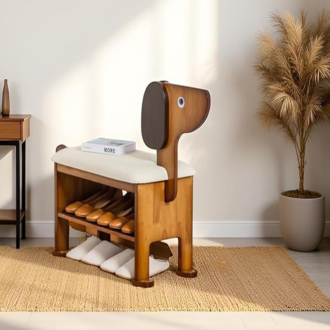 latifolia Puppy Shoe Bench, 2-Tier Solid Wood Entryway Organizer, Cute Pet-Shaped Shoe Bench for Hallway &amp; Living Room,(23.62 inch)