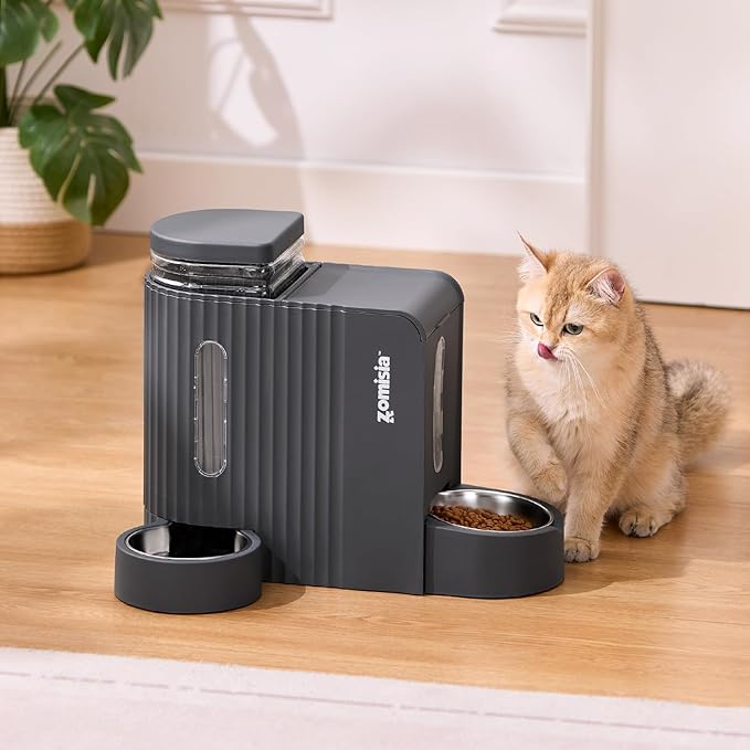 Gravity Cat Feeder and Water Dispenser with 304 Stainless Steel Bowls, 2 in 1 Automatic Cat Feeder with 180 Degree Rotatable Water Bowl, Large Capacity for Puppy Kitten Rabbits, Grey