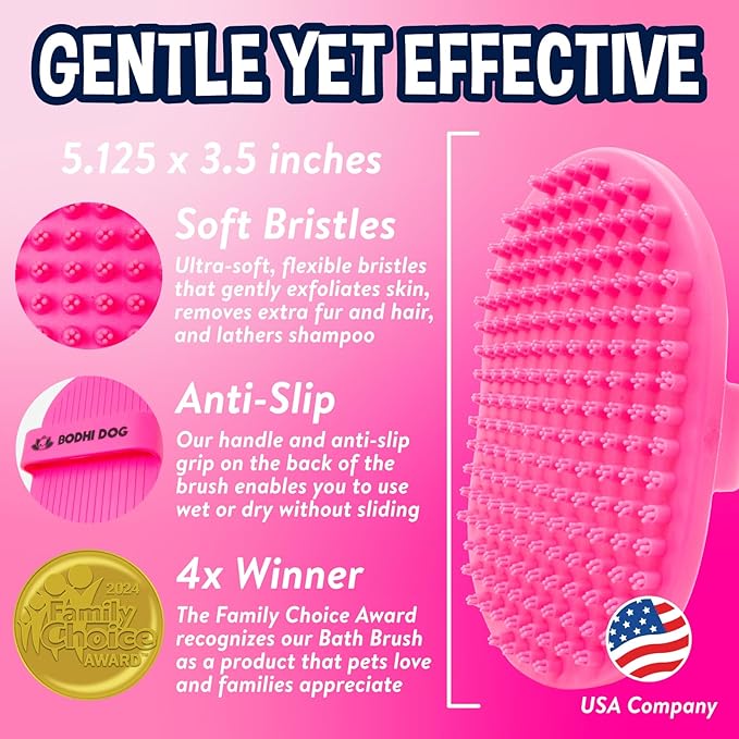 Bodhi Dog Shampoo Brush - Pet Grooming &amp; Bath Supplies for Cats and Dog Bath Brush for Long &amp; Short Hair - Premium Scrubber for Shower, Bathing &amp; Massage - (One Pack, Pink)
