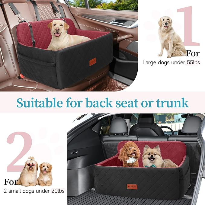 Dog Car Seat for Medium/Large Dogs, Pet Booster Seat for Under 55 lbs or 2 Small Dogs, Detachable &amp; Washable Dog Car Bed for Backseat with 2 Safety Leashes (Blcak/red)