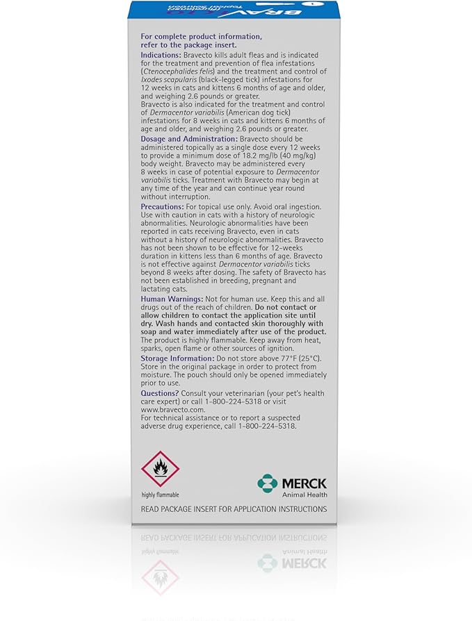BRAVECTO Topical Solution for Cats, Flea &amp; Tick, 12 Week Supply, >6.2-13.8 lbs., Blue Box