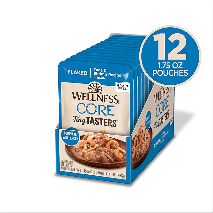 Wellness CORE Tiny Tasters Minced Adult Wet Cat Food, Natural, Protein-Rich, Grain Free, 1.75-Ounce Pouch, 12 Pack, (Tuna &amp; Shrimp)