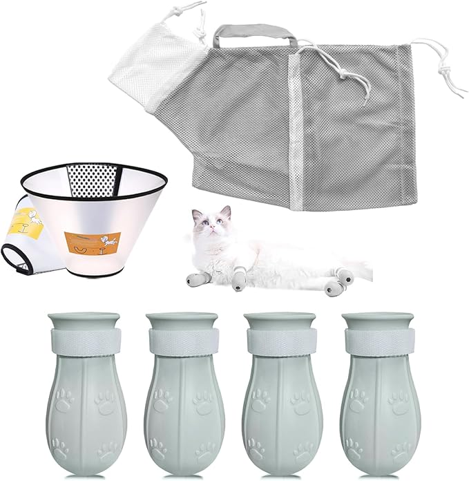 7-Piece Cat Bathing Set - Anti-Scratch Silicone Shoes, Claw Covers, Shower Net, Bathing Bag &amp; Elizabethan Collar (Grey-3)