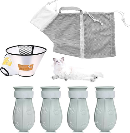 7-Piece Cat Bathing Set - Anti-Scratch Silicone Shoes, Claw Covers, Shower Net, Bathing Bag &amp; Elizabethan Collar (Grey-3)