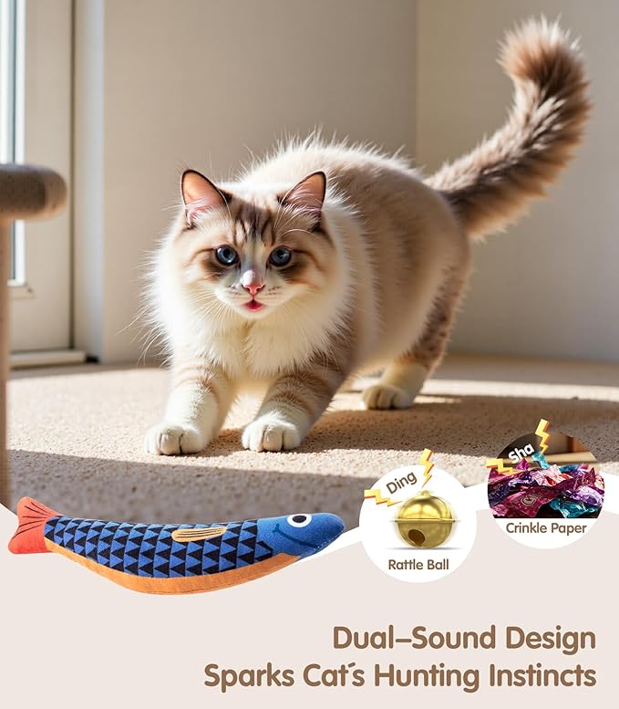 Interactive Cat Toys with[5000mg Premium A+Catnip][Baby Grade] Soft Chew Kicker Cat Toys for Indoor Cats &amp; Kittens, Crinkle &amp;Rattle Fish Sound Toy, Drives Bored Cats Crazy with Fun,3 Pack