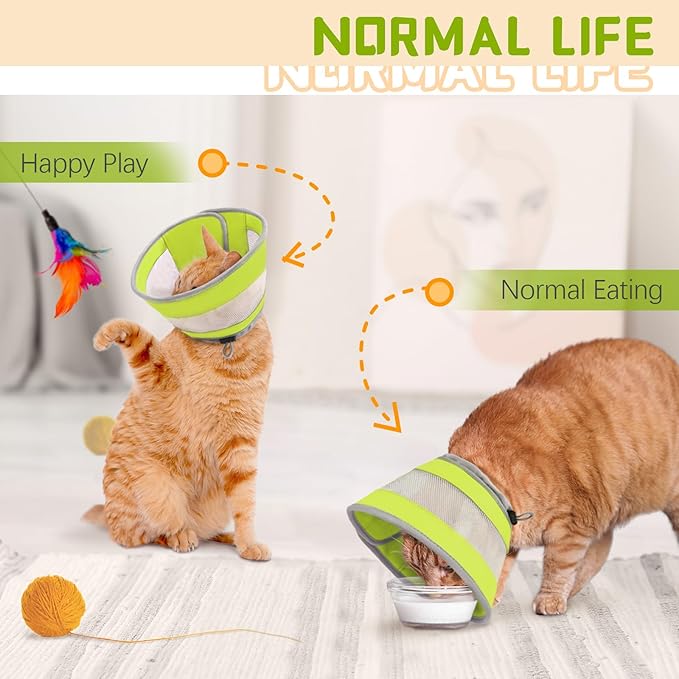 Breathable Air Mesh Cat Cone Collar Soft to Stop Licking, Adjustable, Foldable Lightweight Kitten Cones After Surgery Recovery for Cats &amp; Kittens (Green, M)