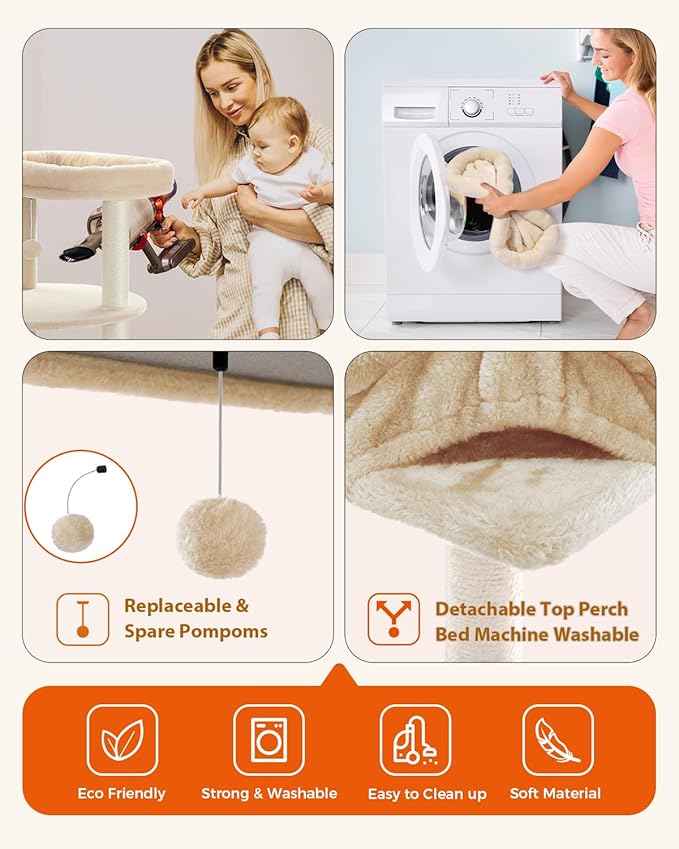 PETEPELA 61" Cat Tree for Indoor Cats, [6-Levels] Cat Climbing Tower with 9 Sisal Scratching Posts and Replaceable Dangling Ball &amp;Top Perch, Beige