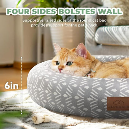 Cat Bed, 20In Dog Beds for Small Dogs, Calming Cat &amp; Dog Beds for Indoor Pets, Pet Beds Comfortable Donut Round Ultra Soft (Grey Pattern, 20.0" L x 20.0" W x 6.5" Th)
