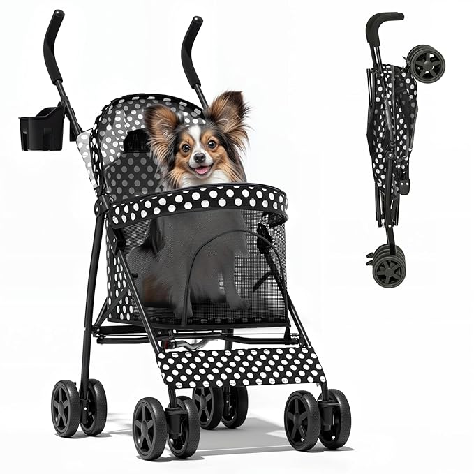 Magshion Compact Pet Stroller for Small-Medium Dogs/Cats up to 22lbs, 4-Wheel Lightweight Umbrella Shaped Portable Puppy Travel Jogger with Breathable Mesh, Cup Holder &amp; Rear Storage, Black Polka Dots