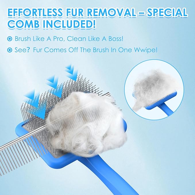 Large Slicker Brush for Dogs - 3PC Pet Grooming Kit - Undercoat Rake &amp; Stainless Comb | Long Pins Remove Mats on Poodles, Golden, Labradoodles | Thick Coat Deshedder for Dogs, Cats, Blue