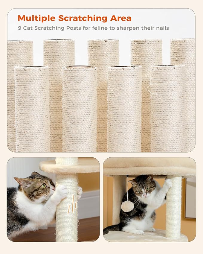 PETEPELA 61" Cat Tree for Indoor Cats, [6-Levels] Cat Climbing Tower with 9 Sisal Scratching Posts and Replaceable Dangling Ball &amp;Top Perch, Beige
