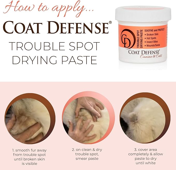 COAT DEFENSE Trouble Spot Drying Paste - Made in USA - 5 Oz Dog &amp; Cat Skin Care, Itchy Skin &amp; Allergies, Alleviates Hot Spots for Dogs &amp; Cats, Insect Bites Relief &amp; Dog Wound Care