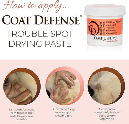COAT DEFENSE Trouble Spot Drying Paste - Made in USA - 5 Oz Dog &amp; Cat Skin Care, Itchy Skin &amp; Allergies, Alleviates Hot Spots for Dogs &amp; Cats, Insect Bites Relief &amp; Dog Wound Care