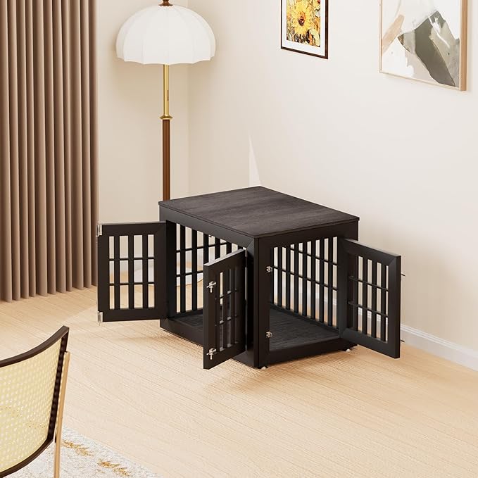 32" Heavy Duty Dog Crate Furniture for Small,Medium and Large Dogs,Rustic Wooden Dog Cage Kennel Indoor Furniture with Waterproof Top,Decorative Pet House Side End Table (Black &amp; Grey)