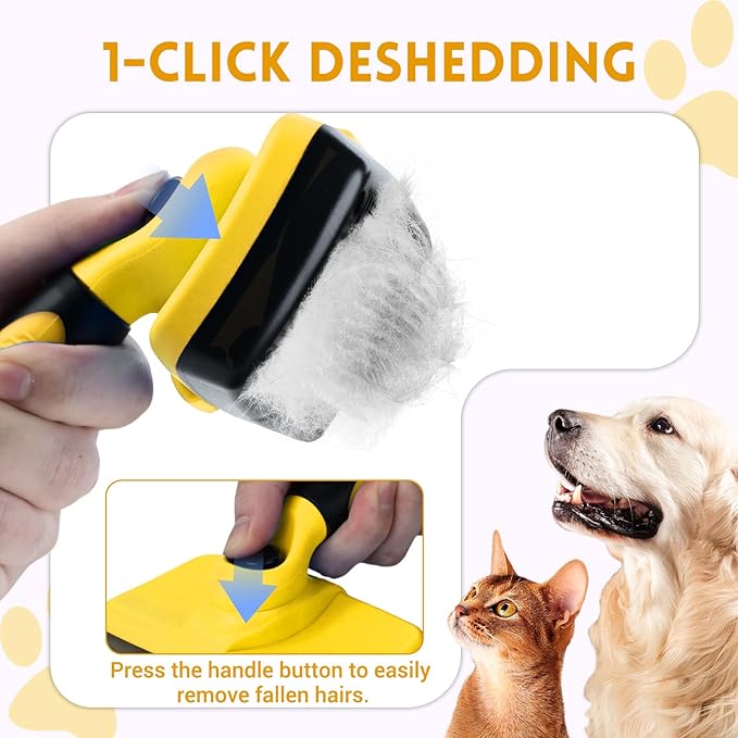 Large Self Cleaning Deshedding Brush for Dogs &amp; Cats - One Button Hair Release Grooming Tool, Gentle Massage Brush for Long and Short Hair (Yellow)