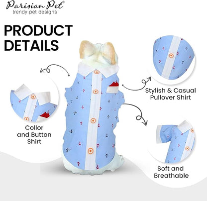 Parisian Pet Dog Shirt - Dog Nautical Costume - 100% Cotton Anchor Dog Clothes - Sleeved Doggie Shirt - Blue and White Dog Costumes for Small Dogs S