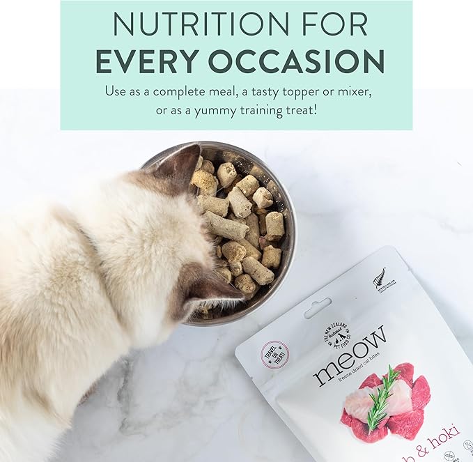 Meow Freeze Dried Cat Food - Lamb &amp; Hoki Recipe, High Protein Cat Treats, Meals &amp; Toppers, Dry Cat Food,1.76 oz