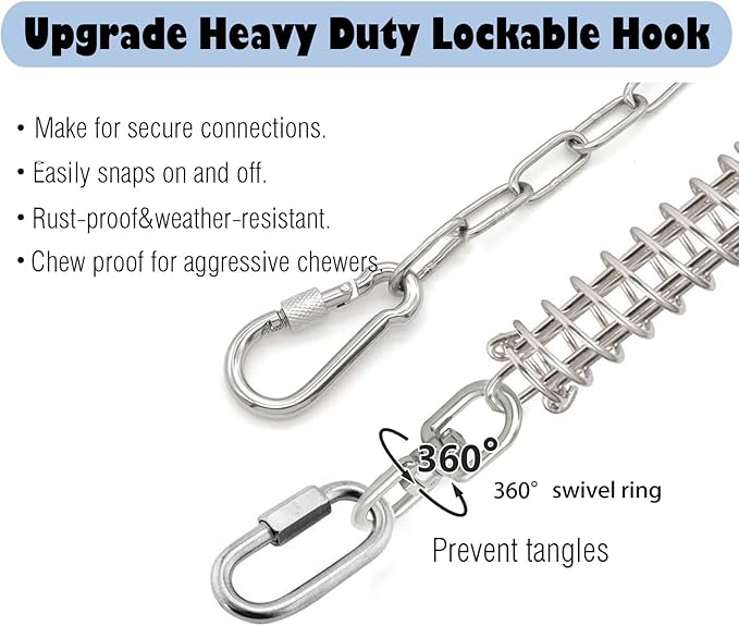 25ft Heavy Duty Chew Proof Dog Tie Out Chain Leash with Shock Absorbing Spring&amp;Lockable Hooks-Up to 200Lbs,Use for Yard,Garden,Camping or Travel