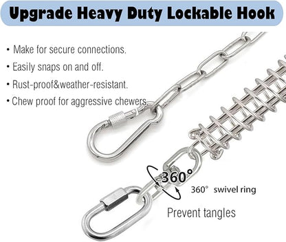 25ft Heavy Duty Chew Proof Dog Tie Out Chain Leash with Shock Absorbing Spring&amp;Lockable Hooks-Up to 200Lbs,Use for Yard,Garden,Camping or Travel